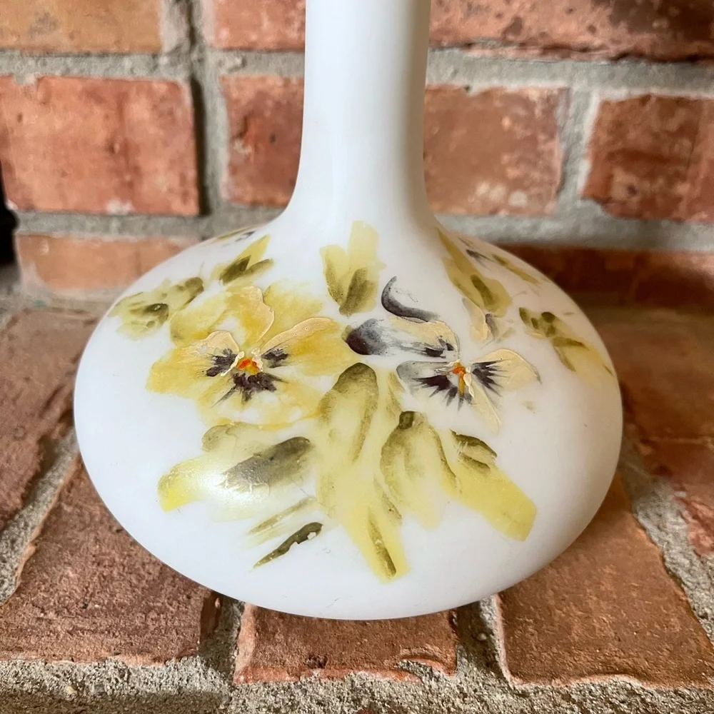 Vintage White Opaque Glass Decanter Boudoir Bottle Hand Painted Flowers